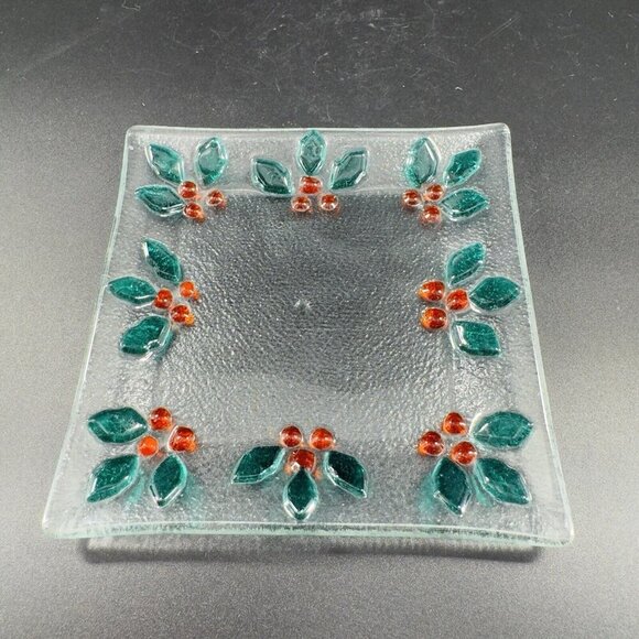 Square Fused Art Glass Dish Plate With Holly Berries Flowers Clear Holiday VTG - Picture 8 of 10